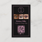 Zwart Roze Script Logo QR Code Foto Make-up Visitekaartje (Voorkant)