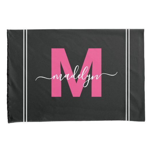Zwart-roze scriptnaam Monogram Kussensloop (Voorkant-Rechts)