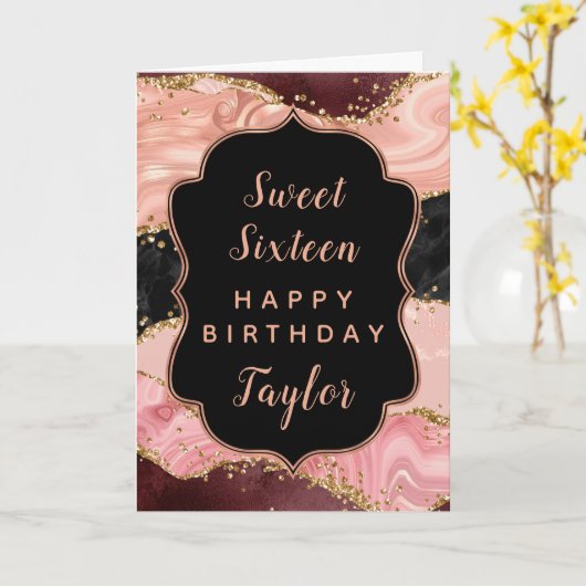 Zwart Roze Sequins Agaat Sweet 16 Gelukkige Verjaa Kaart (Gele Bloem)