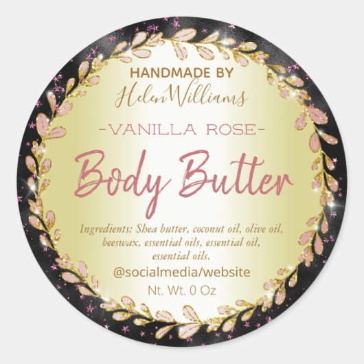 Zwart Roze Sparkles Gouden Body Butter Labels (Voorkant)