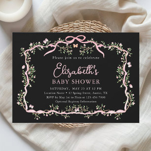 Zwart Roze Spring Floral Lijst Baby shower Kaart