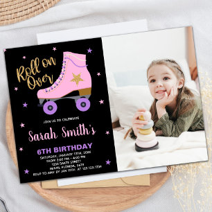 Zwart Roze Ster Glitter Foto Schaatsen Verjaardag Kaart