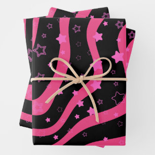 Zwart & Roze sterren op lijnen Elegant vrouwelijk Inpakpapier Vel