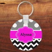 Zwart roze Stippen Chevron Aangepast Sleutelhanger (Voorkant)