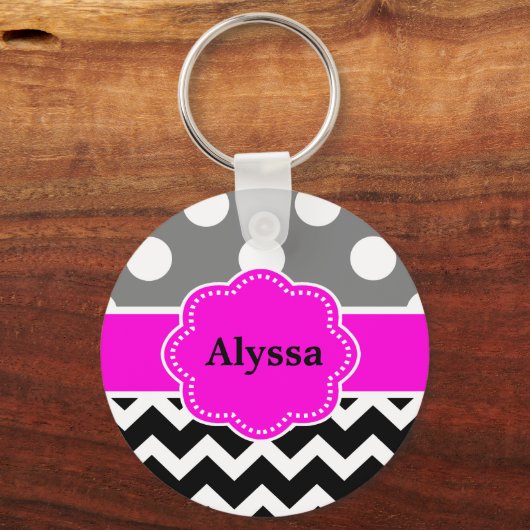 Zwart roze Stippen Chevron Aangepast Sleutelhanger (Voorkant)