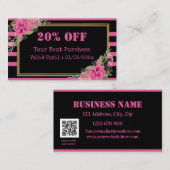 Zwart Roze Strepen Bloemen QR Code Korting Kaart (Voorkant / Achterkant)