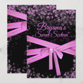 Zwart & Roze Strik Glitter Lichtjes Sweet 16 Verja Kaart