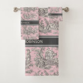  zwart roze Toile de Jouy bedrukt Bad Handdoek (Insitu)