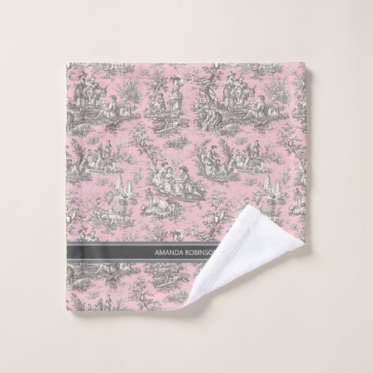  zwart roze Toile de Jouy bedrukt Bad Handdoek (Wasdoekje)
