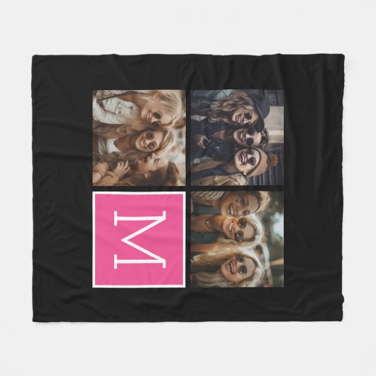 Zwart-roze Trendy fotocollage met monogram Fleece Deken (Voorkant (Horizontaal))