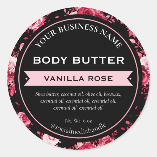 Zwart Roze Vanille Roos Productlabels. Ronde Sticker (Voorkant)