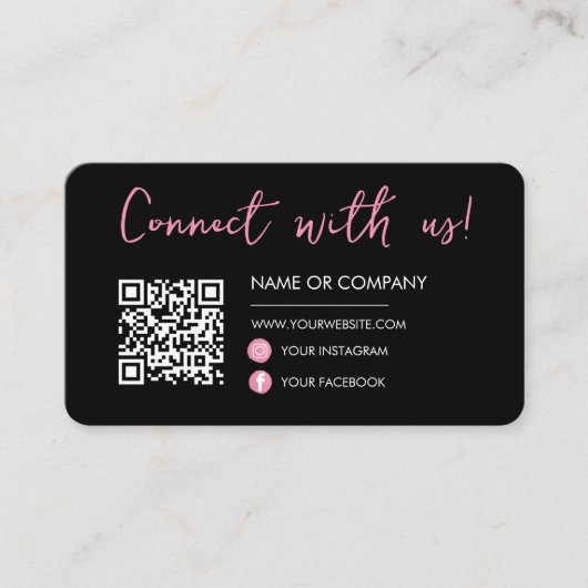 Zwart Roze Verbind met ons Social Media Qr Code Visitekaartje (Voorkant)