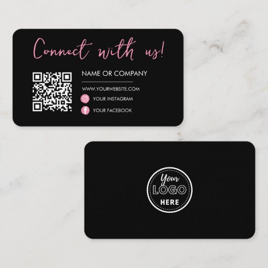 Zwart Roze Verbind met ons Social Media Qr Code Visitekaartje (Voorkant / Achterkant)