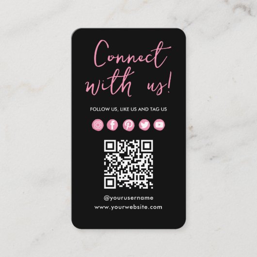 Zwart Roze Verbind met US Social Media QR Code Visitekaartje (Voorkant)