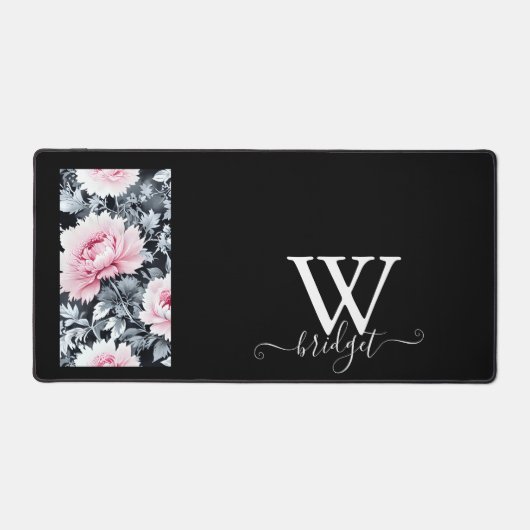 zwart & roze Vintage Mooie Tuinbloemen Bureaumat (Voorkant)