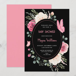 Zwart roze Waterverf Bloemen Rozen baby shower Kaart