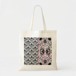 Zwart Roze & Wit Bloemen Damast Patroon Tote Bag