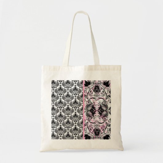 Zwart Roze & Wit Bloemen Damast Patroon Tote Bag (Voorkant)