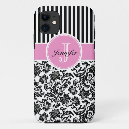 Zwart Roze & Wit Damask & Stripes Patroon 2 Case-Mate iPhone Case (Achterkant)
