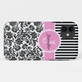 Zwart Roze & Wit Damask & Stripes Patroon 2 Case-Mate iPhone Case (Achterkant (horizontaal))