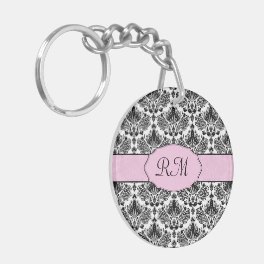Zwart Roze & Wit  Damaskastpatroon Sleutelhanger (Voorkant Links)