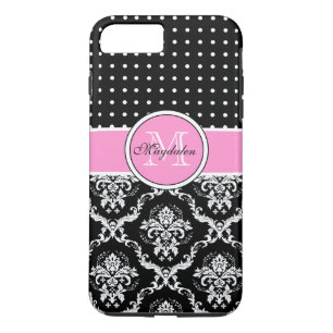 Zwart Roze & Wit Damast & PolkaDot Patroon Case-Mate iPhone Case