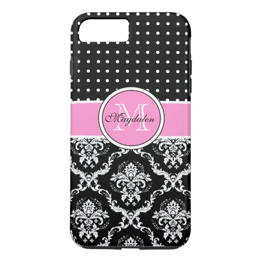 Zwart Roze & Wit Damast & PolkaDot Patroon Case-Mate iPhone Case (Achterkant)