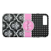 Zwart Roze & Wit Damast & PolkaDot Patroon Case-Mate iPhone Case (Achterkant (Horizontaal))