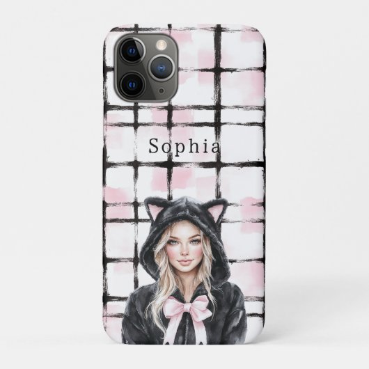 Zwart Roze Wit Geruit Strepen Blond Katje Kat Case-Mate iPhone Case (Achterkant)