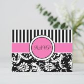 Zwart Roze Wit Gestreepte Damast Antwoordkaart Kaart (Staand voorkant)