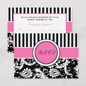 Zwart Roze Wit Gestreepte Damast Antwoordkaart Kaart (Voorkant / Achterkant)
