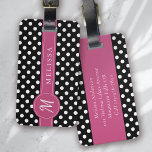 Zwart Roze Wit Monogram Polka Dots Bagagelabel<br><div class="desc">Een modern tweetoonenpolka stipontwerp met een microgram.</div>