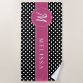 Zwart Roze Wit Monogram Polka Dots Strandlaken (Voorkant)