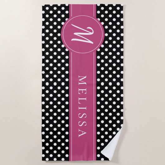 Zwart Roze Wit Monogram Polka Dots Strandlaken (Voorkant)