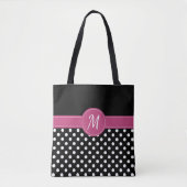 Zwart Roze Wit Monogram Polka Dots Tote Bag (Voorkant)