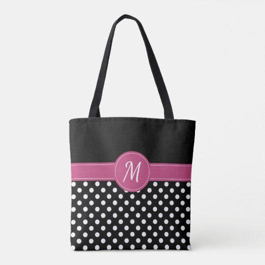 Zwart Roze Wit Monogram Polka Dots Tote Bag (Achterkant)