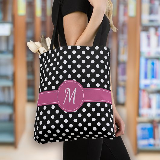 Zwart Roze Wit Monogram Polka Dots Tote Bag