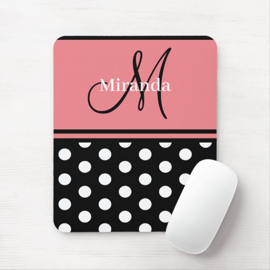 Zwart Roze Wit Polka Dots Monogram Script Muismat (Met muis)