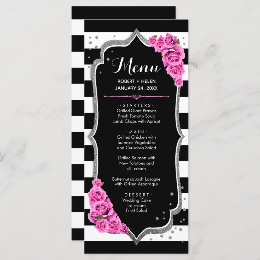 Zwart Roze Wit Zilver Menu Kaart (Voorkant / Achterkant)