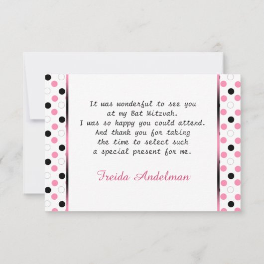 Zwart, roze, witte poka dot Bat Mitzvah Dank je Bedankkaart (Achterkant)