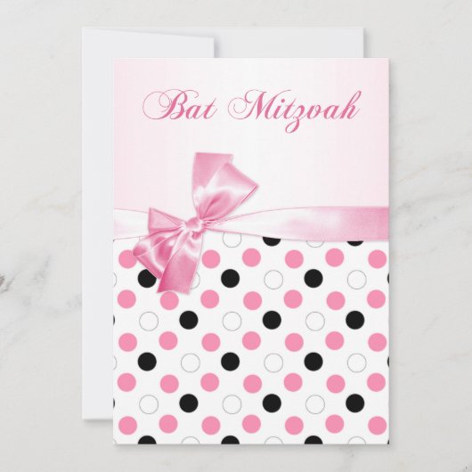 Zwart, roze, witte poka dots Bat Mitzvah Kaart (Voorkant)