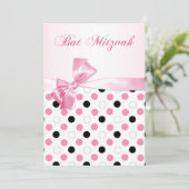 Zwart, roze, witte poka dots Bat Mitzvah Kaart (Staand voorkant)