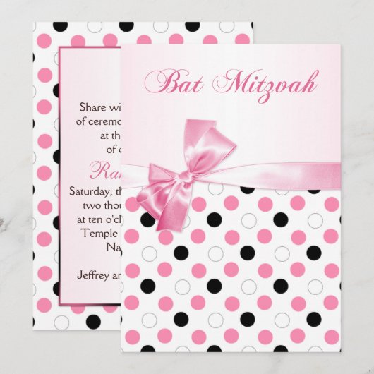 Zwart, roze, witte poka dots Bat Mitzvah Kaart (Voorkant / Achterkant)