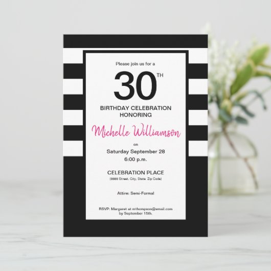 Zwart, Roze, Witte strepen, 30ste verjaardag Kaart (Staand voorkant)