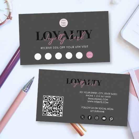 Zwart & Roze Zakelijke Logo QR Code Loyaliteit Visitekaartje