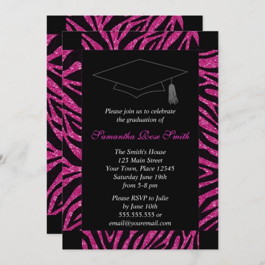 Zwart-roze Zebra Afdrukfoto Afstuderen Kaart (Voorkant / Achterkant)