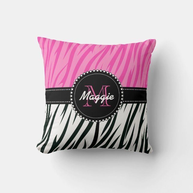 Zwart-roze Zebra Afdrukken Aangepast monogram gira Kussen (Voorkant)