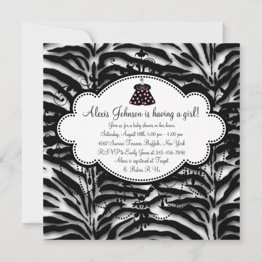 Zwart Roze Zebra Baby Meisje Douche Uitnodigingen (Achterkant)