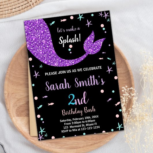 Zwart Roze Zeemeermin Staart Verjaardag Uitnodigin Kaart