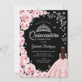 Zwart Roze Zilver Bloemen Vlinders Quinceanera Kaart (Voorkant)
